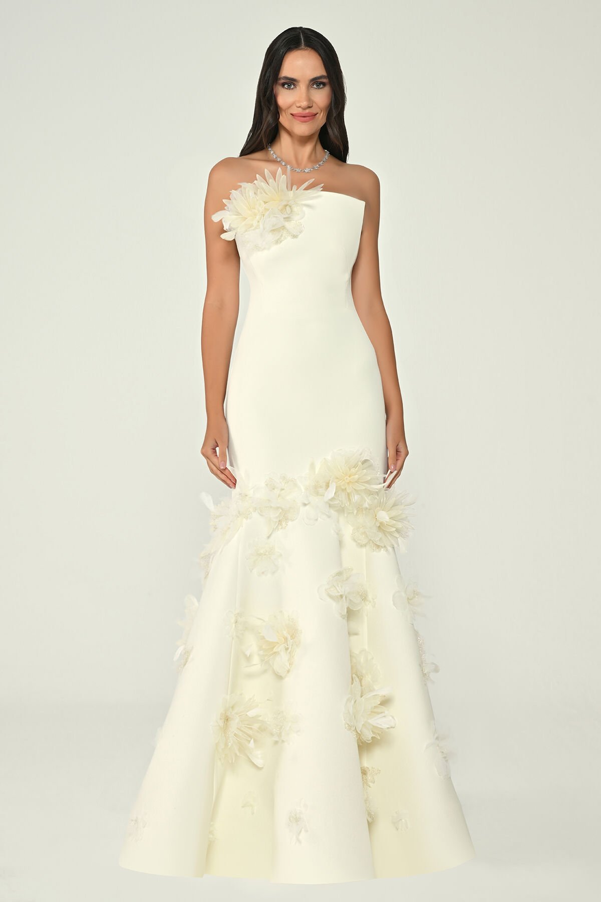 Straplez 3 Boyut Çiçekli Balık Kesim Uzun Elbise