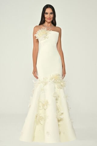 Straplez 3 Boyut Çiçekli Balık Kesim Uzun Elbise