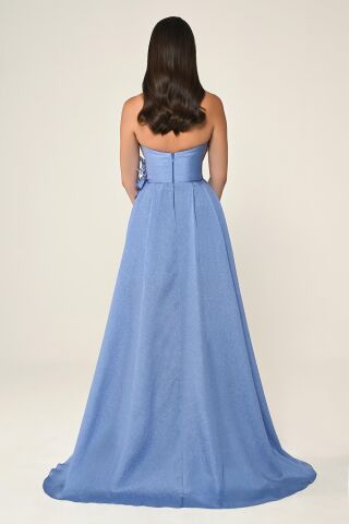 Straplez Bel Çiçek Aksesuarlı Organze Uzun Elbise İNDİGO - 42