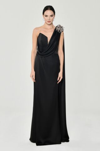 LONG DRESS WITH ONE SHOULDER BROOCHES Black - 46