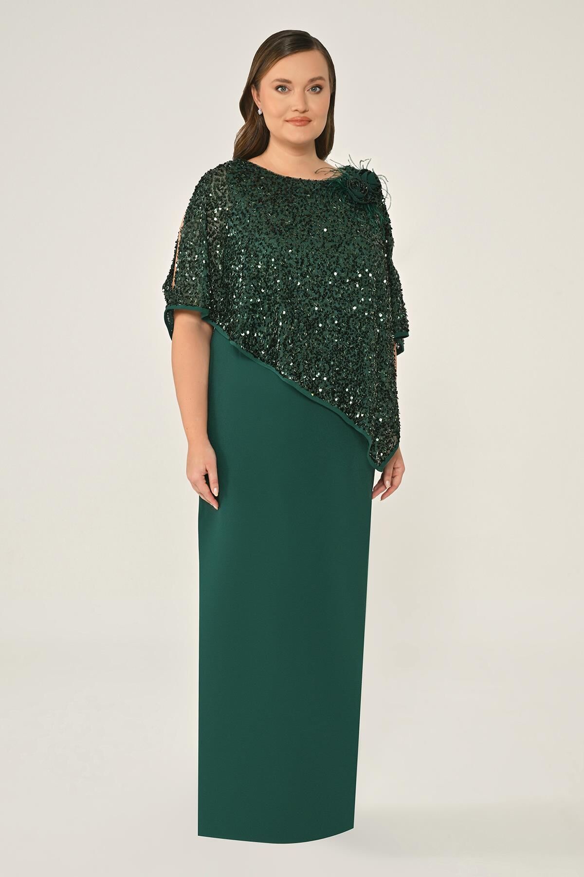 Payet Şallı Krep Uzun Elbise ZÜMRÜT - 46