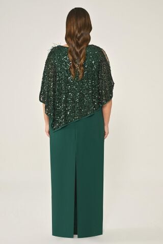 Payet Şallı Krep Uzun Elbise ZÜMRÜT - 46