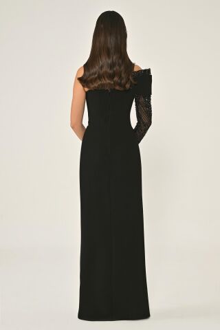 Boncuklu Tek Kollu Önden Yırtmaçlı Krep Uzun Elbise Siyah - 44