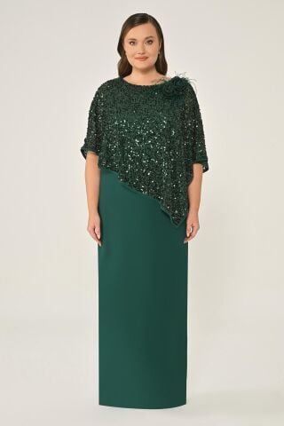 Payet Şallı Krep Uzun Elbise ZÜMRÜT - 48