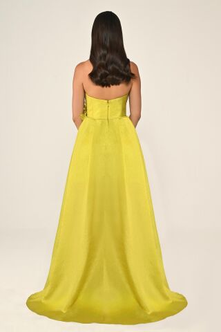 Straplez Bel Çiçek Aksesuarlı Organze Uzun Elbise OKSİT YEŞİL - 38