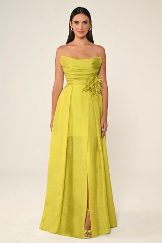 Straplez Bel Çiçek Aksesuarlı Organze Uzun Elbise OKSİT YEŞİL - 38