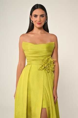 Straplez Bel Çiçek Aksesuarlı Organze Uzun Elbise OKSİT YEŞİL - 38