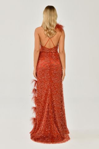 İp Askılı Sırt İp Askılı V Yaka Otriş Akesuarlı Pullu Kumaş Uzun Elbise KİREMİT - 36