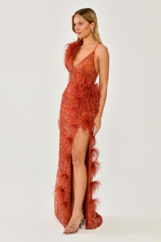 İp Askılı Sırt İp Askılı V Yaka Otriş Akesuarlı Pullu Kumaş Uzun Elbise KİREMİT - 36