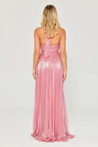 V Yaka Piliseli Yırtmaçlı Parlak Şifon Uzun Elbise Pembe - 40