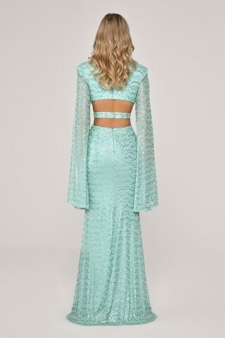 Dökümlü Uzun Kol V Yaka Payetli Uzun Elbise MİNT - 36