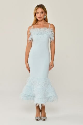 STRIPED CHEST AND SKIRT WITH FEATHERED MIDI DRESS