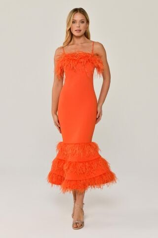 STRIPED CHEST AND SKIRT WITH FEATHERED MIDI DRESS