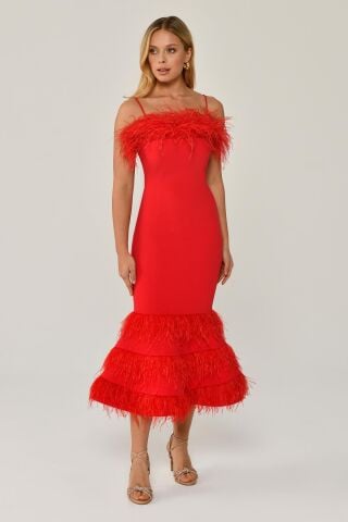 STRIPED CHEST AND SKIRT WITH FEATHERED MIDI DRESS