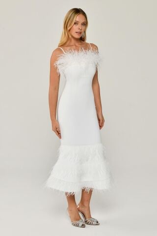 İp Askılı Göğüs Ve Eteği Tüylü Balık Midi Elbise Beyaz - 36