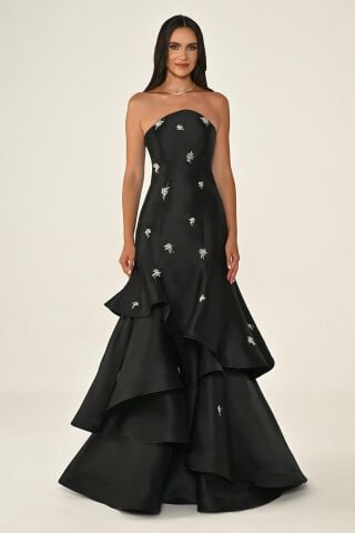 Straplez Katlı Etek Taşlı Saten Uzun Elbise