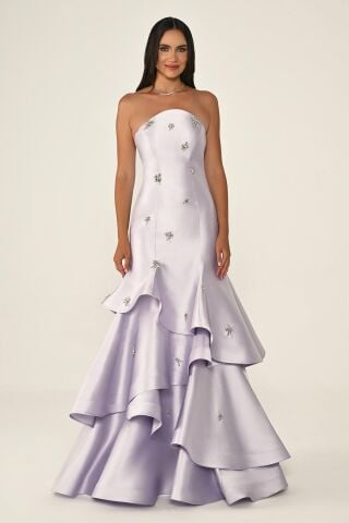 Straplez Katlı Etek Taşlı Saten Uzun Elbise