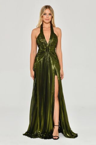 V Yaka Piliseli Yırtmaçlı Parlak Şifon Uzun Elbise SİYAH / YEŞİL - 44