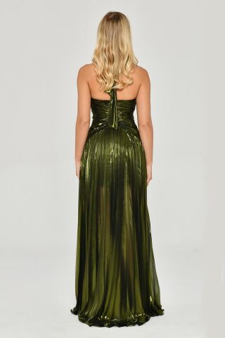 V Yaka Piliseli Yırtmaçlı Parlak Şifon Uzun Elbise SİYAH / YEŞİL - 44