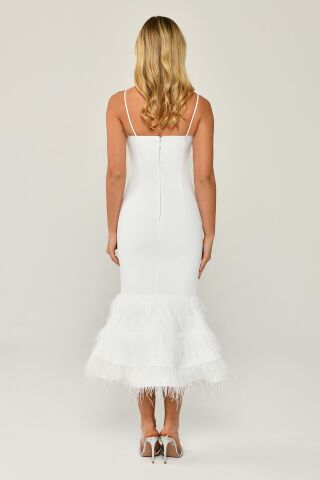 İp Askılı Göğüs Ve Eteği Tüylü Balık Midi Elbise Beyaz - 40