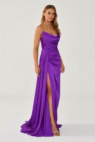 Kayık Yaka Yırtmaçlı Saten Elbise Mor - 40
