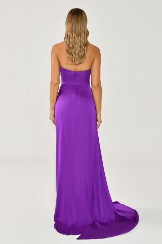 Kayık Yaka Yırtmaçlı Saten Elbise Mor - 40