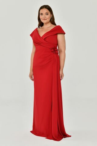 Langes Crêpe-Kleid mit V-Ausschnitt und Schlitz, Rot - 42