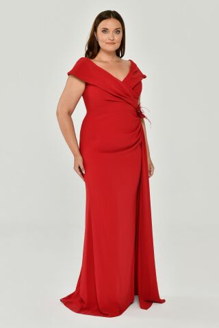 Langes Crêpe-Kleid mit V-Ausschnitt und Schlitz, Rot - 42