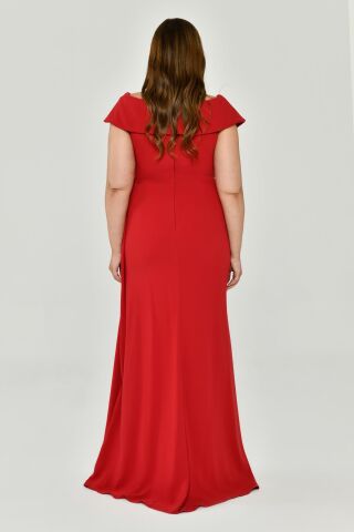 Langes Crêpe-Kleid mit V-Ausschnitt und Schlitz, Rot - 42