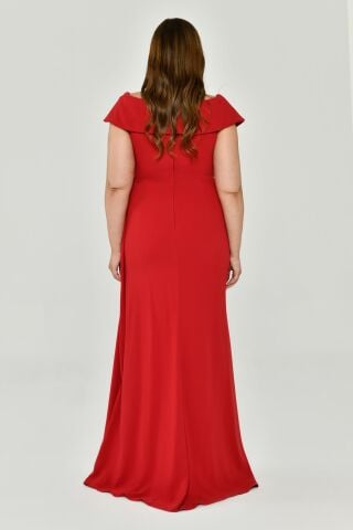 Langes Crêpe-Kleid mit V-Ausschnitt und Schlitz, Rot - 42