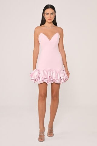 Straplez Eteği Saten Fırfırlı Krep Kısa Elbise