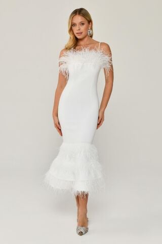 İp Askılı Göğüs Ve Eteği Tüylü Balık Midi Elbise Beyaz - 42