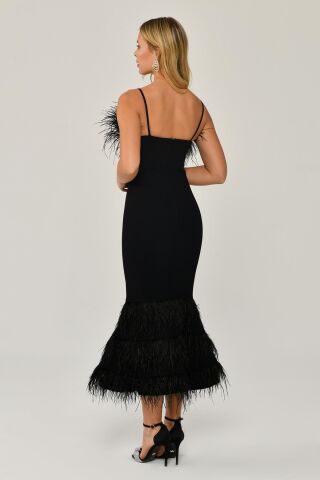 İp Askılı Göğüs Ve Eteği Tüylü Balık Midi Elbise Siyah - 38