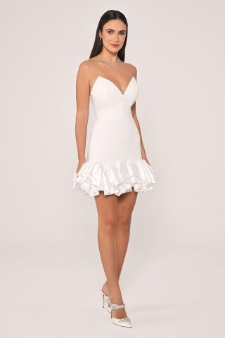 Straplez Eteği Saten Fırfırlı Krep Kısa Elbise Beyaz - 40