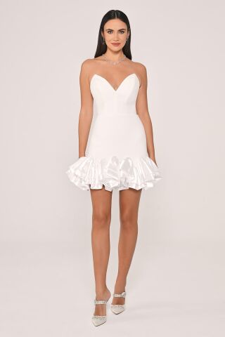 Straplez Eteği Saten Fırfırlı Krep Kısa Elbise Beyaz - 42