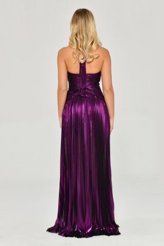 V Yaka Piliseli Yırtmaçlı Parlak Şifon Uzun Elbise SİYAH / EFLATUN - 40