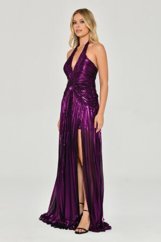 V Yaka Piliseli Yırtmaçlı Parlak Şifon Uzun Elbise SİYAH / EFLATUN - 42