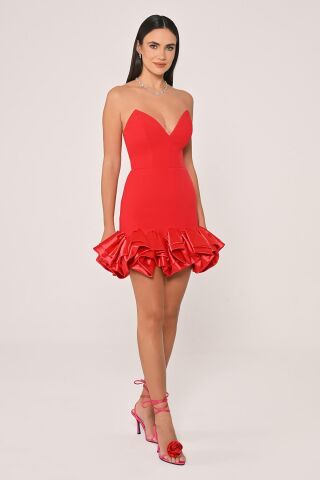 Straplez Eteği Saten Fırfırlı Krep Kısa Elbise Kırmızı - 38
