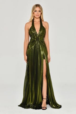 V Yaka Piliseli Yırtmaçlı Parlak Şifon Uzun Elbise