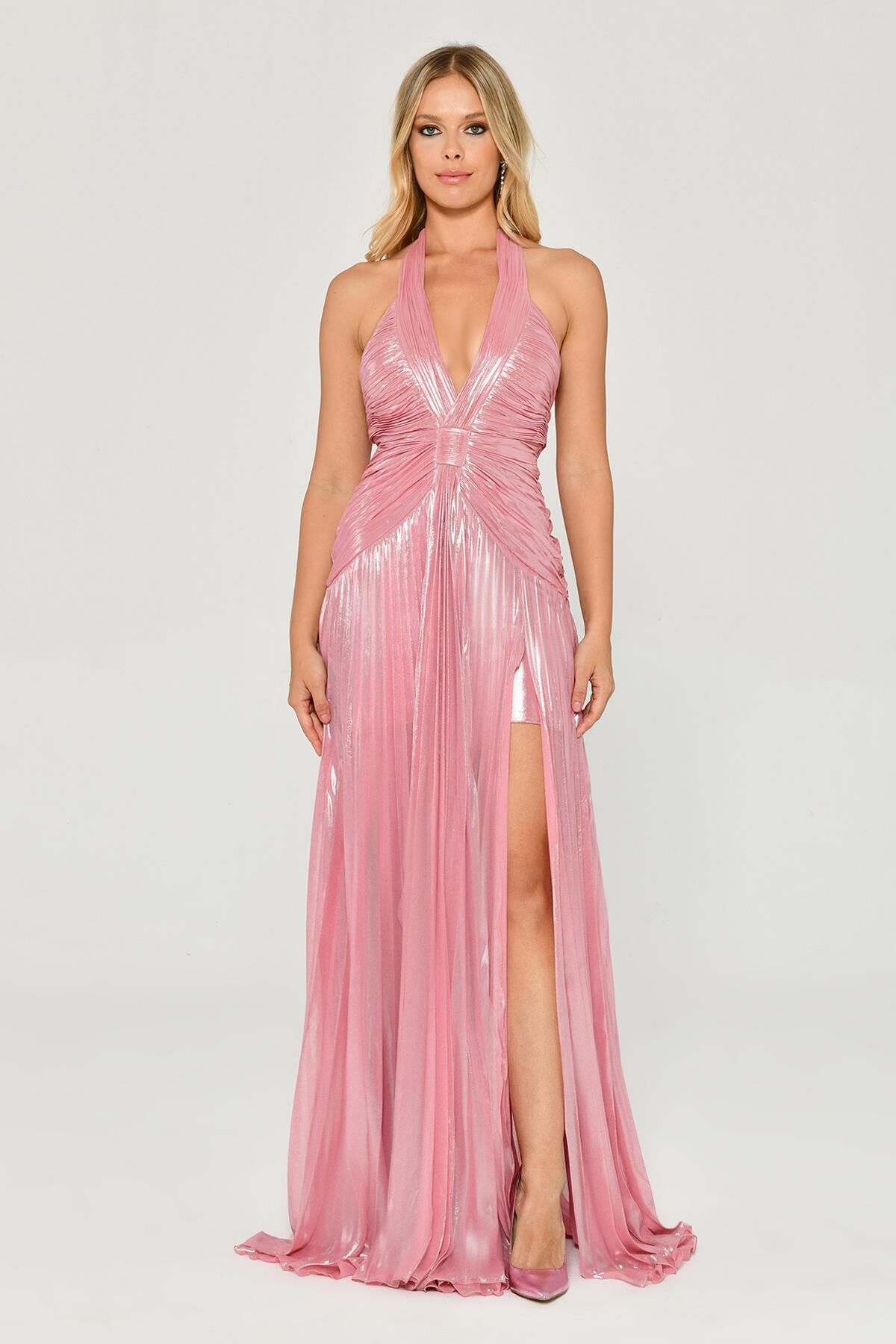 V-Neck Pleated Slit Shiny Chiffon Long Dress