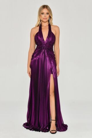 V-Neck Pleated Slit Shiny Chiffon Long Dress