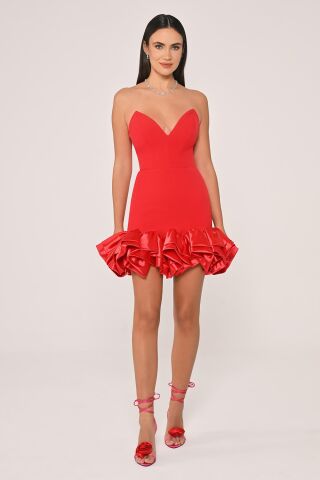 Straplez Eteği Saten Fırfırlı Krep Kısa Elbise Kırmızı - 40
