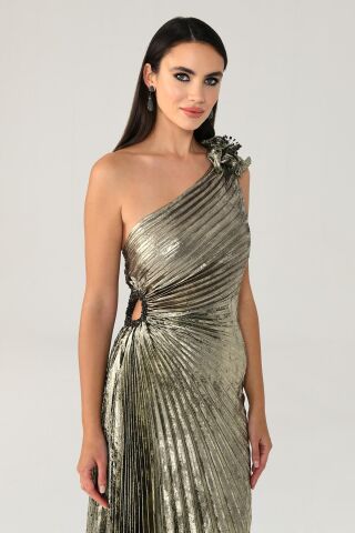 Tek Omuz Piliseli Parlak Kadife Midi Elbise ALTIN / SİYAH - 36