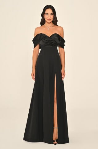 Düşük Omuz Kalp Göğüs Önden Yırtmaçlı Uzun Elbise