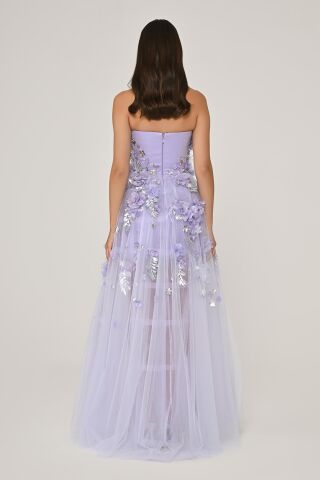 Straplez 3 Boyut Çiçek Aksesuarlı Tül Uzun Elbise Lila - 38