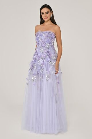 Straplez 3 Boyut Çiçek Aksesuarlı Tül Uzun Elbise Lila - 38