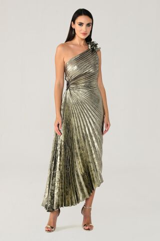 Tek Omuz Piliseli Parlak Kadife Midi Elbise ALTIN / SİYAH - 40