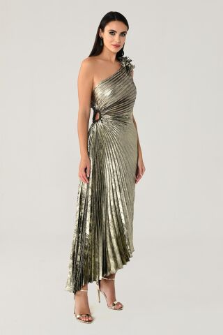 Tek Omuz Piliseli Parlak Kadife Midi Elbise ALTIN / SİYAH - 40