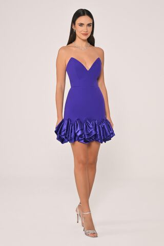Straplez Eteği Saten Fırfırlı Krep Kısa Elbise Mor - 40