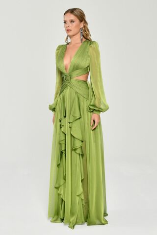 Langes Chiffonkleid mit V-Ausschnitt und Schnalle vorne und doppeltem Schlitz, Grün - 40